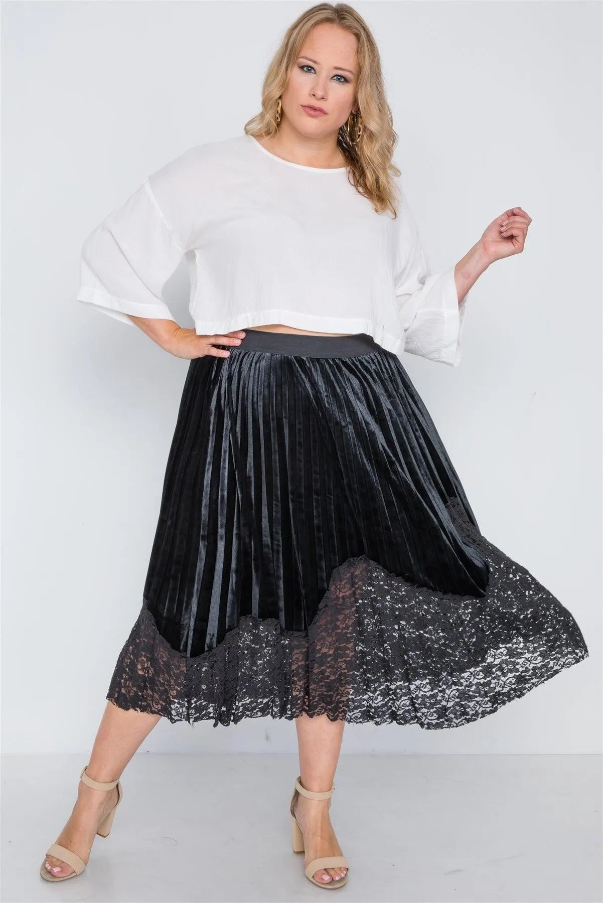 Plus Size Black Velvet Pleated Lace Hem Midi Skirt /2-3-2 - Tasha Apparel Wholesale