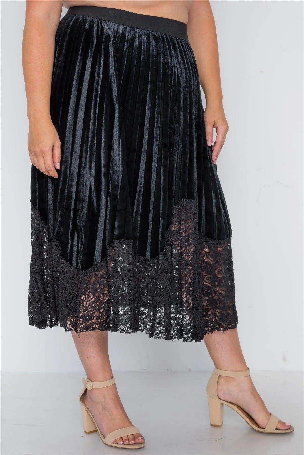 Plus Size Black Velvet Pleated Lace Hem Midi Skirt /2-3-2 - Tasha Apparel Wholesale