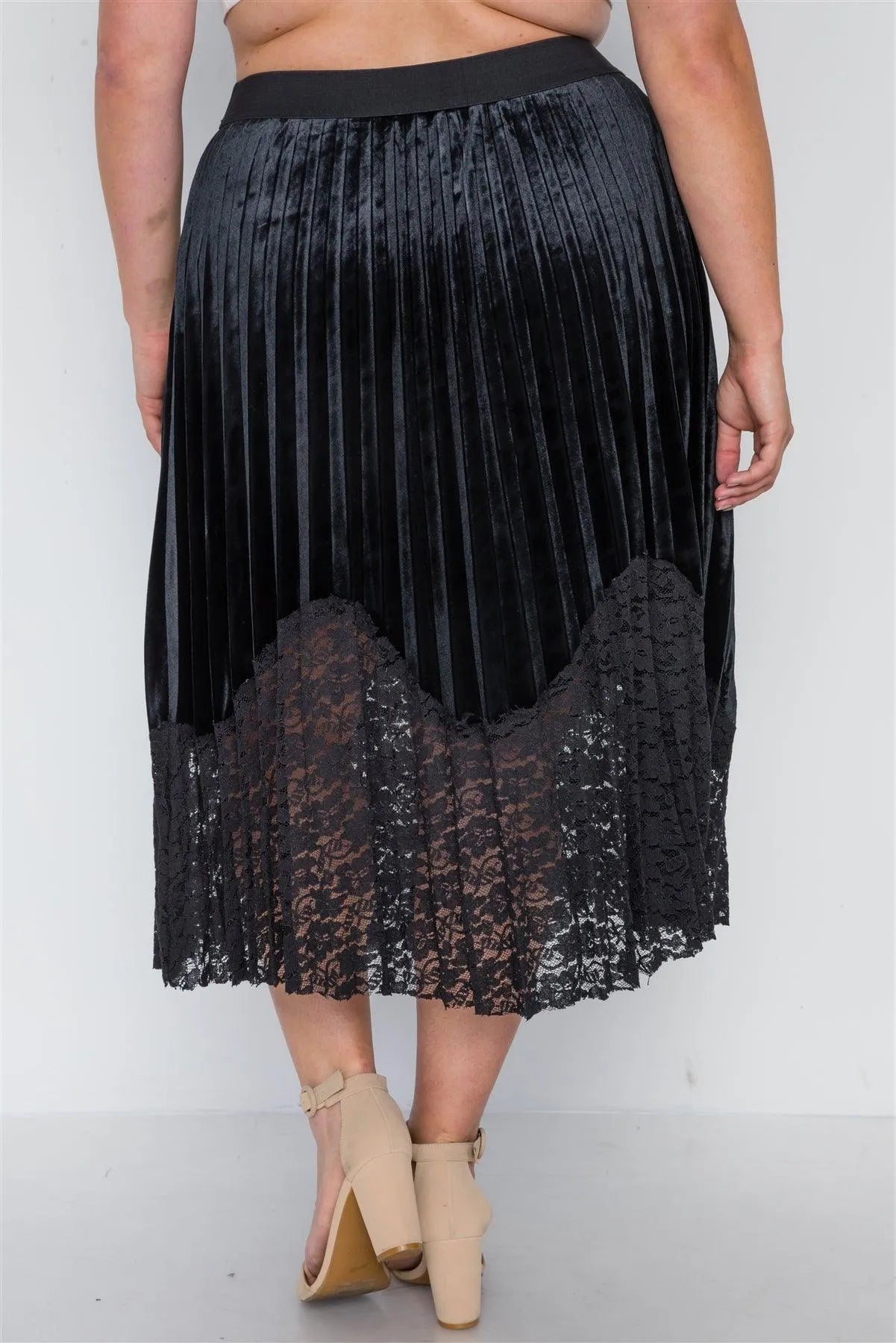 Plus Size Black Velvet Pleated Lace Hem Midi Skirt /2-3-2 - Tasha Apparel Wholesale