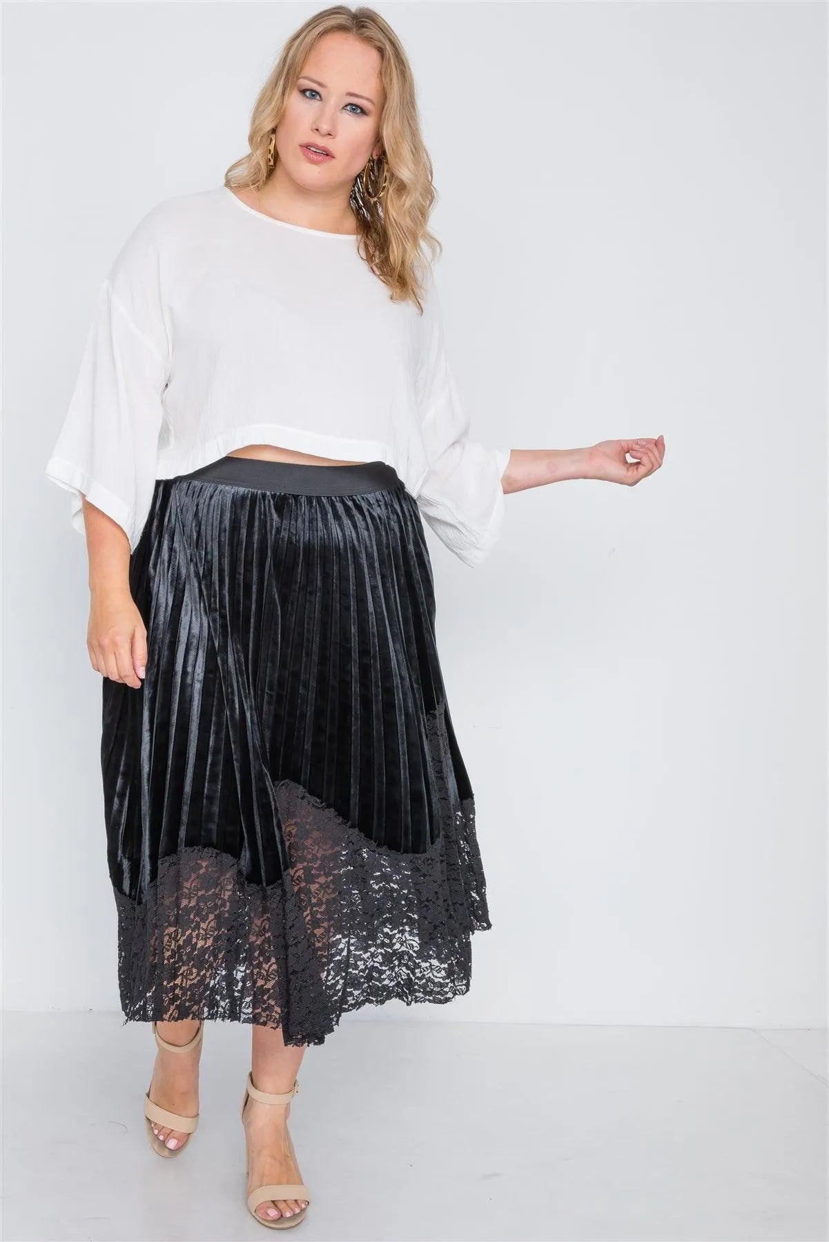 Plus Size Black Velvet Pleated Lace Hem Midi Skirt /3-2-2 - Tasha Apparel Wholesale