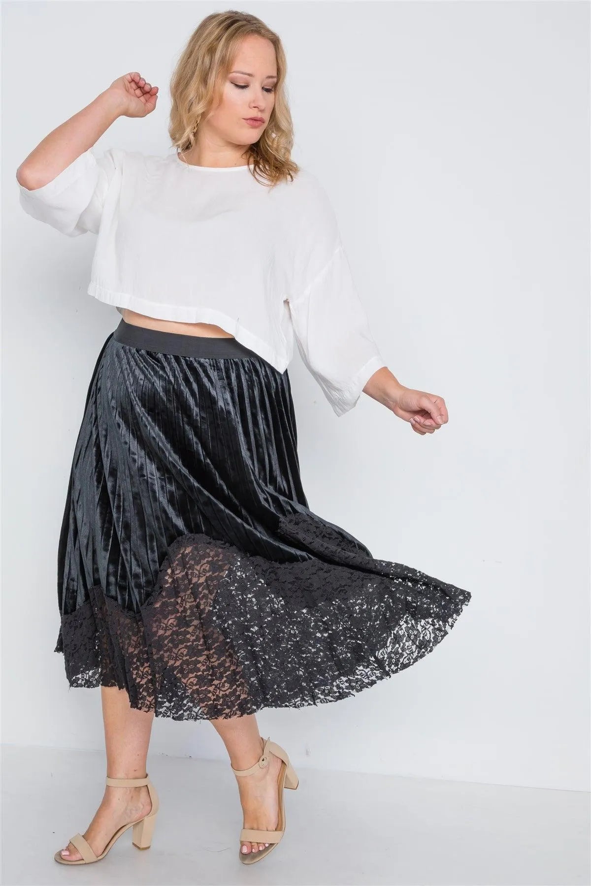 Plus Size Black Velvet Pleated Lace Hem Midi Skirt /3-2-2 - Tasha Apparel Wholesale