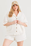 Junior Plus White Soft To Touch Button-Up Collared Neck Midi Sleeve Top & High Waist Shorts Set /3-2-1
