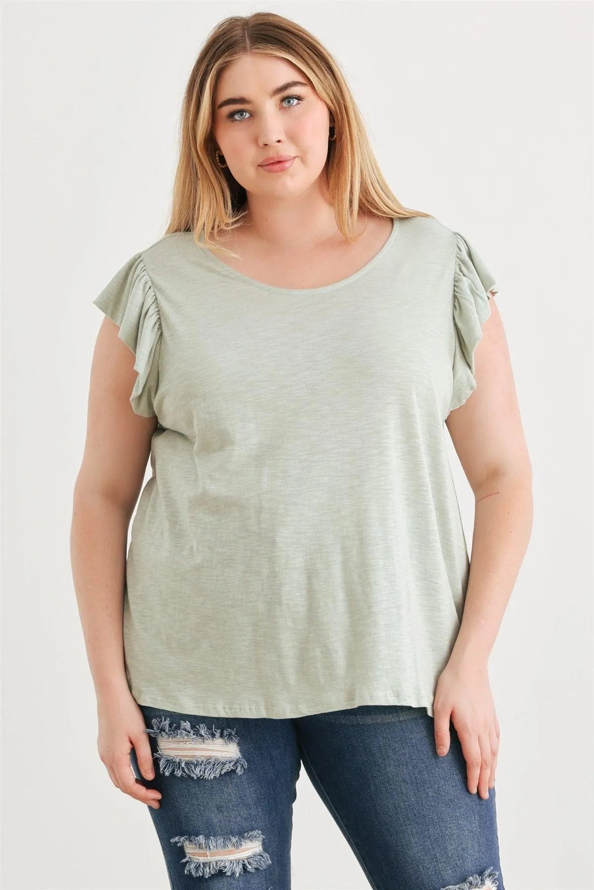 Junior Plus Sage Short Sleeve Round Neck Relaxed Top /3-2-1 - Tasha Apparel Wholesale
