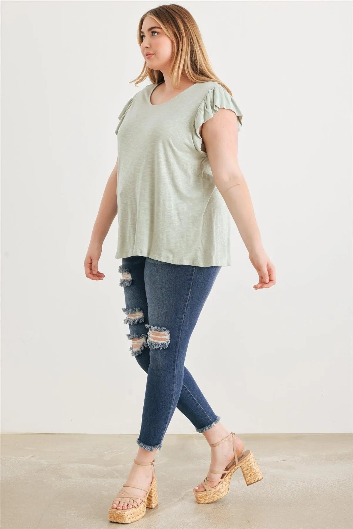 Junior Plus Sage Short Sleeve Round Neck Relaxed Top /3-2-1 - Tasha Apparel Wholesale