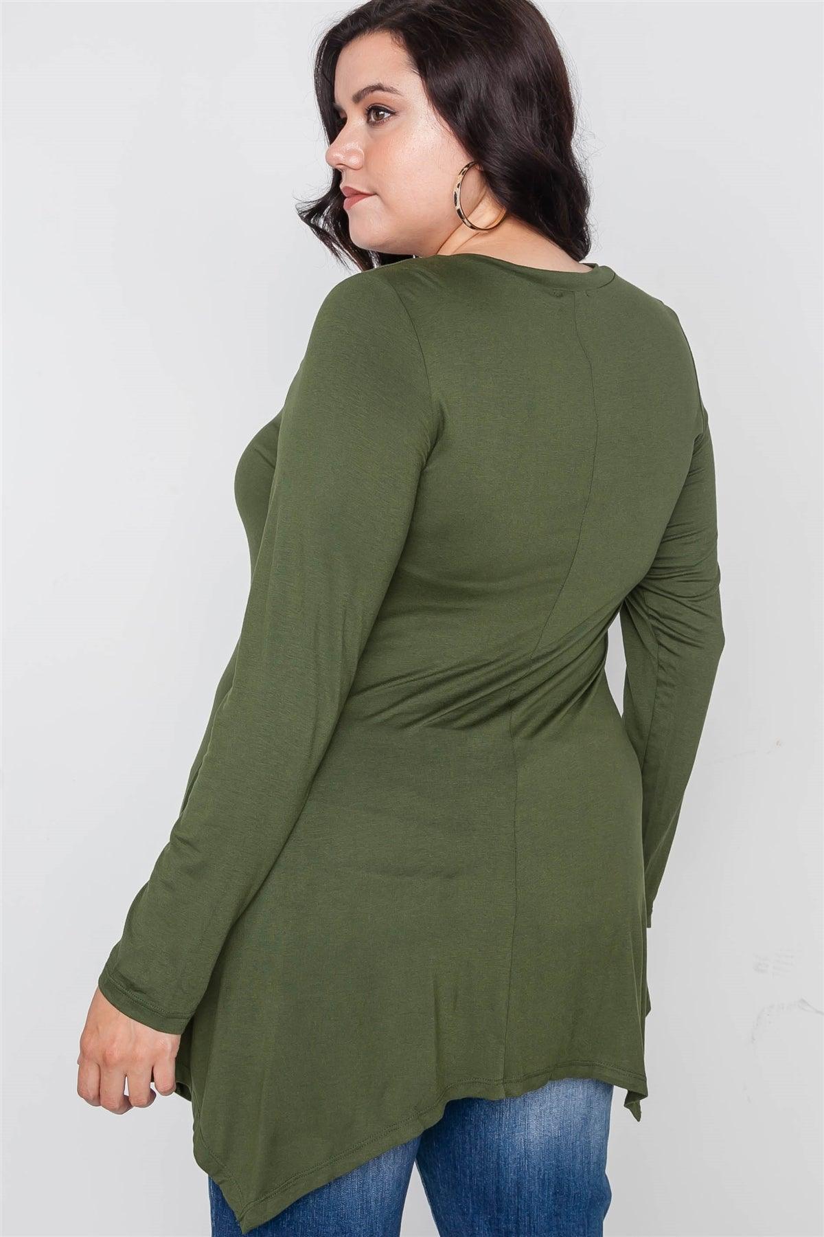 Plus Size Olive Green Long Sleeve Basic Top