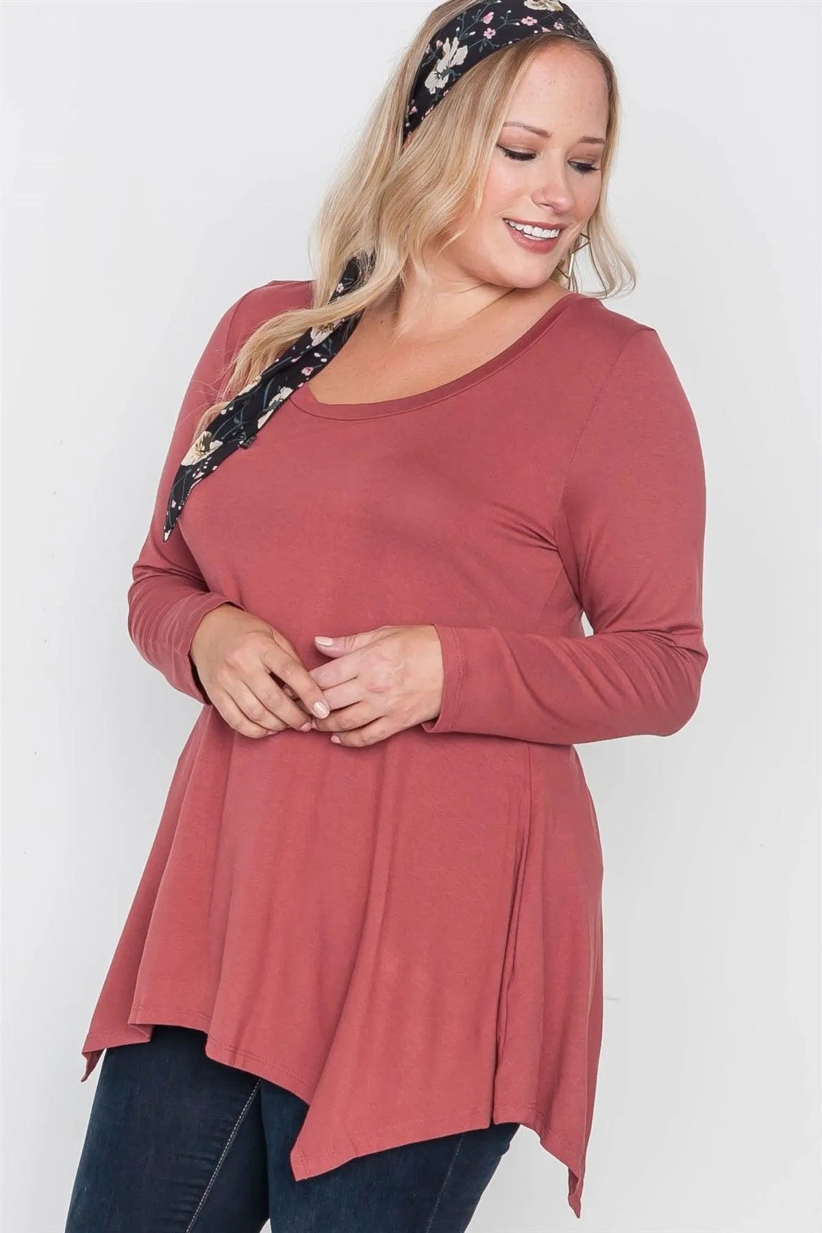 Plus Size Henna Rust Long Sleeve Basic Top - Tasha Apparel Wholesale