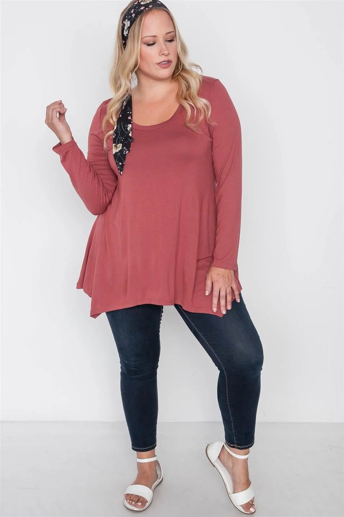 Plus Size Henna Rust Long Sleeve Basic Top - Tasha Apparel Wholesale