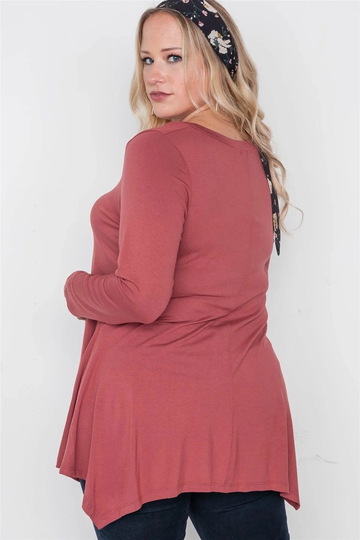 Plus Size Henna Rust Long Sleeve Basic Top /2-2-2 - Tasha Apparel Wholesale