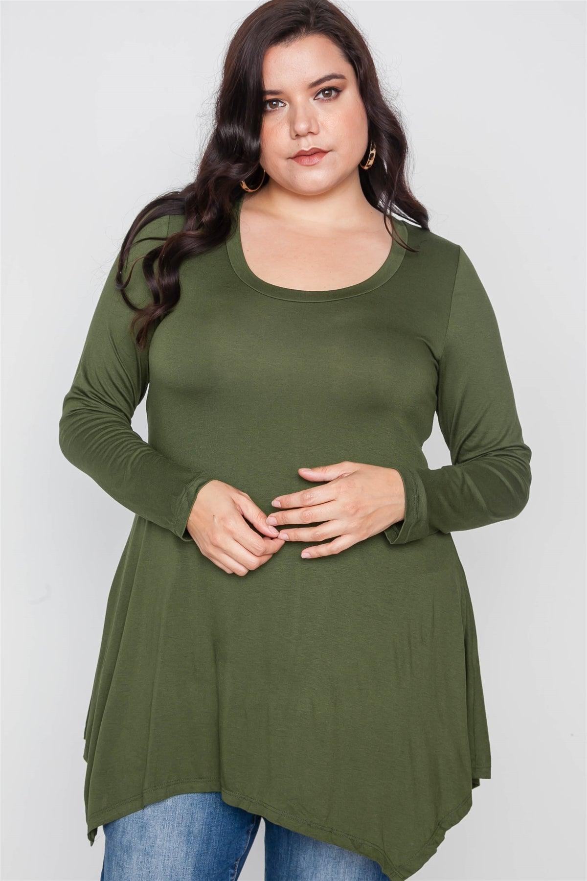 Plus Size Olive Green Long Sleeve Basic Top /2-2-2