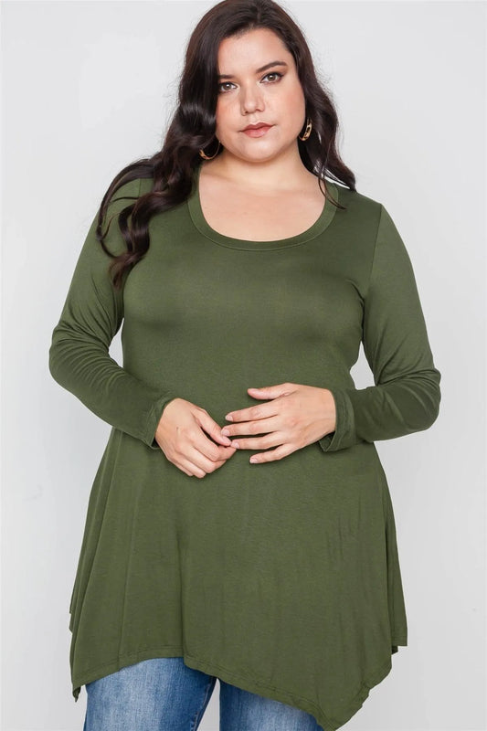 Plus Size Olive Green Long Sleeve Basic Top /2-2-2 - Tasha Apparel Wholesale