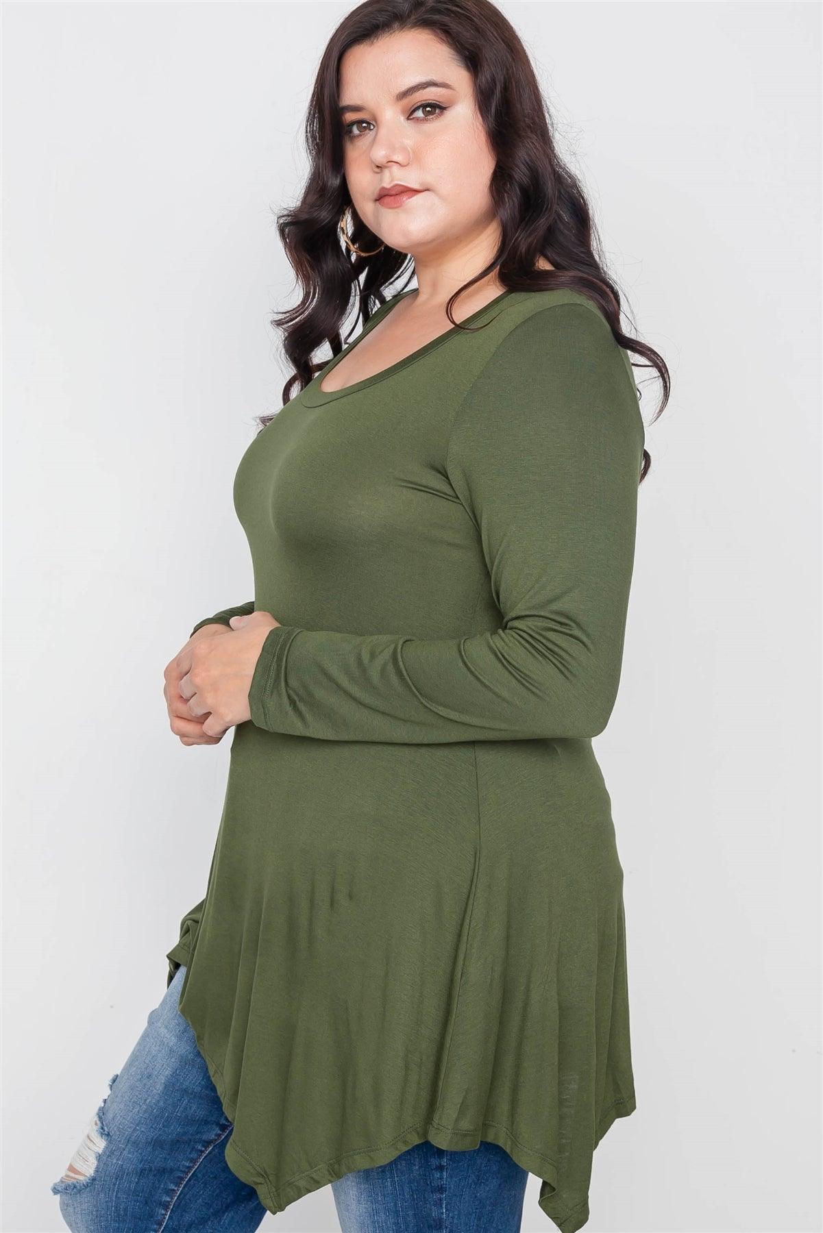 Plus Size Olive Green Long Sleeve Basic Top /2-2-2