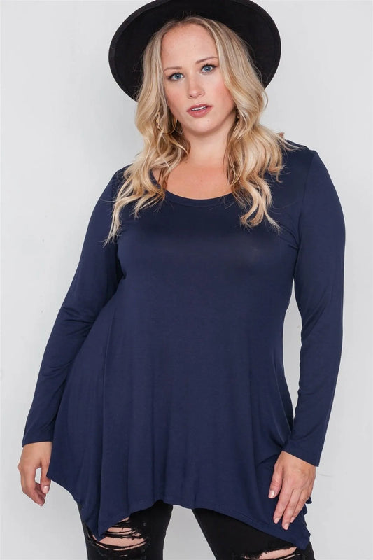 Plus Size Navy Blue Long Sleeve Basic Top - Tasha Apparel Wholesale