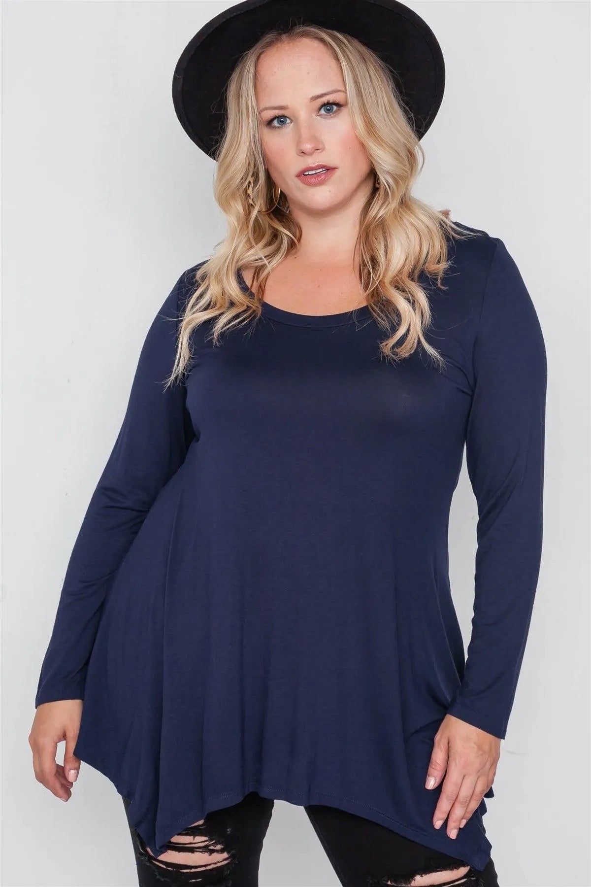 Plus Size Navy Blue Long Sleeve Basic Top /1-4-1 - Tasha Apparel Wholesale