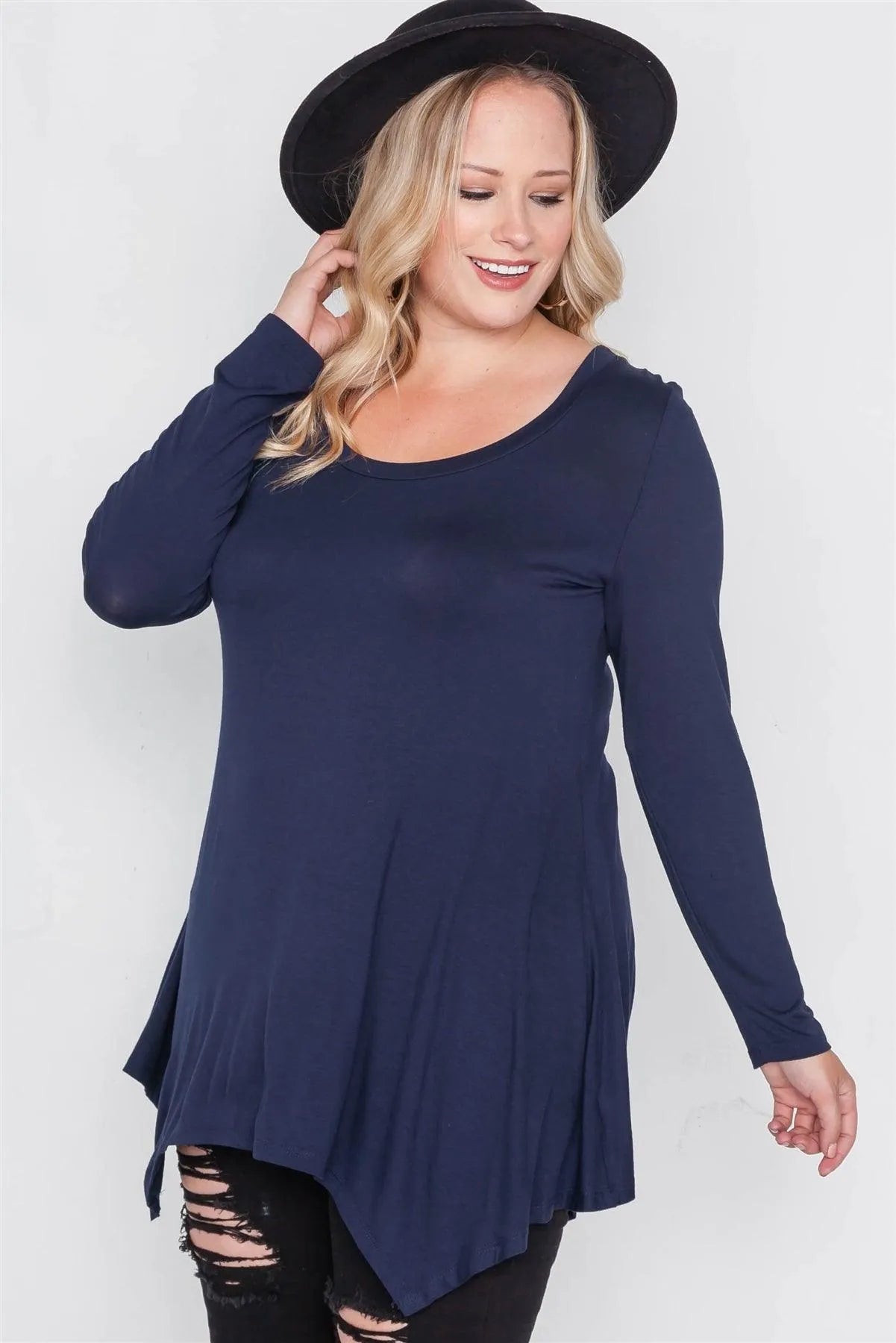Plus Size Navy Blue Long Sleeve Basic Top /1-4-1 - Tasha Apparel Wholesale