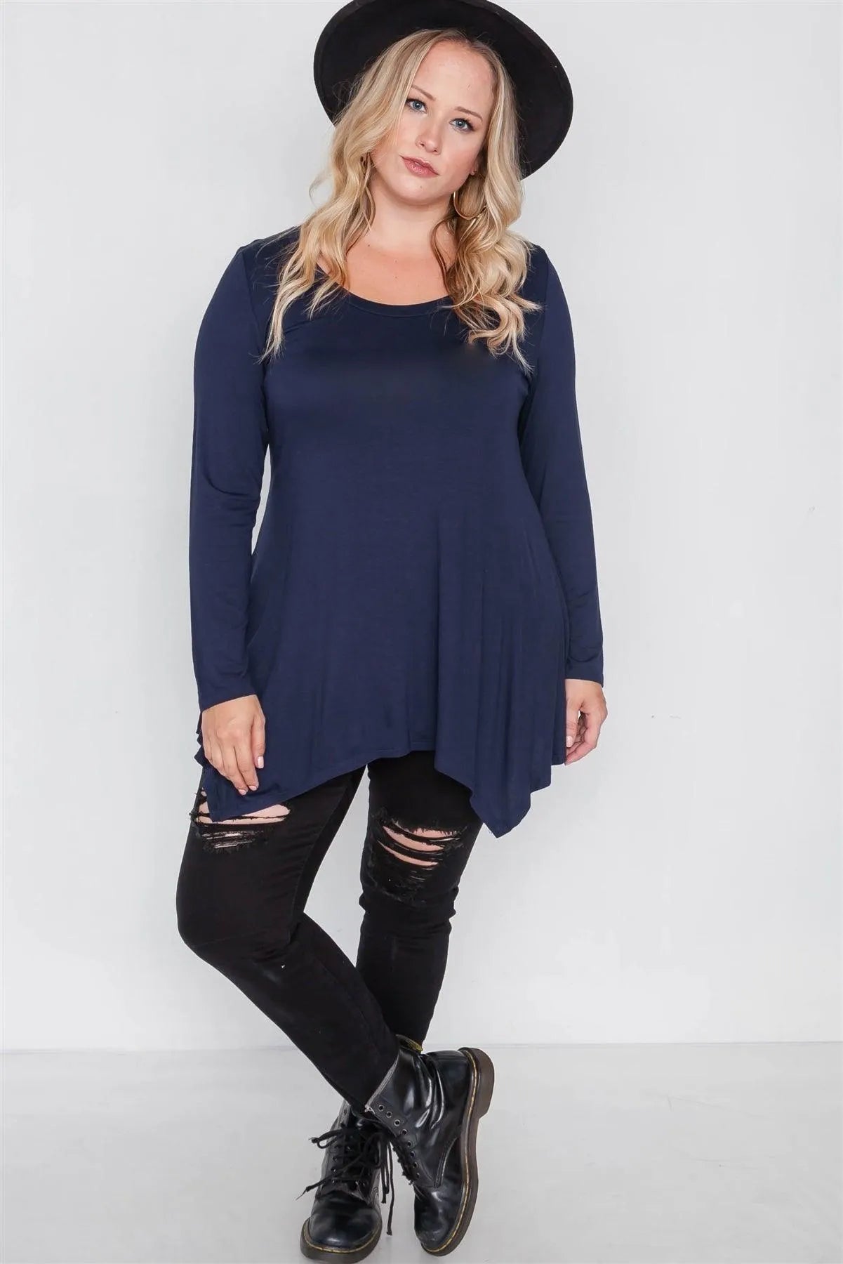 Plus Size Navy Blue Long Sleeve Basic Top /1-4-1 - Tasha Apparel Wholesale