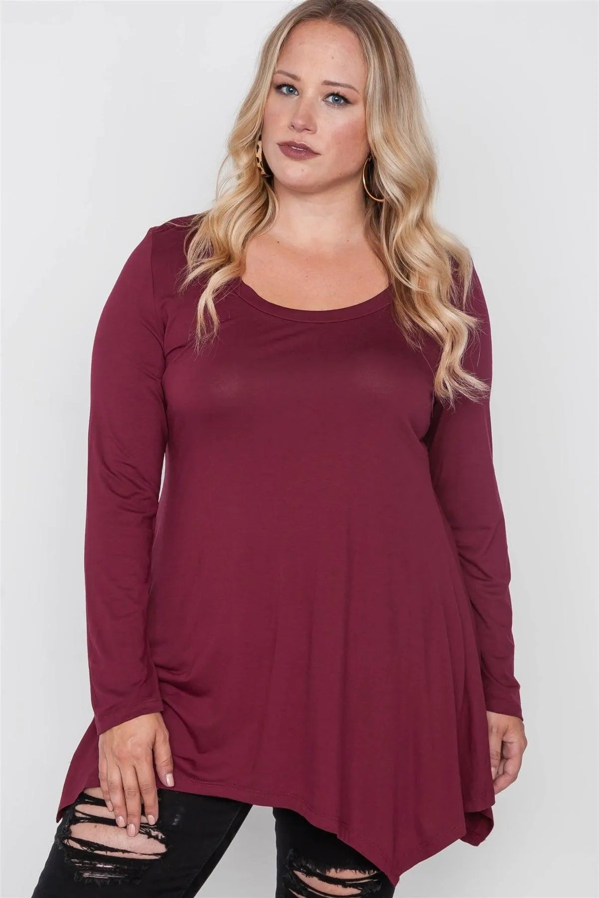 Plus Size Wine Long Sleeve Basic Top - Tasha Apparel Wholesale