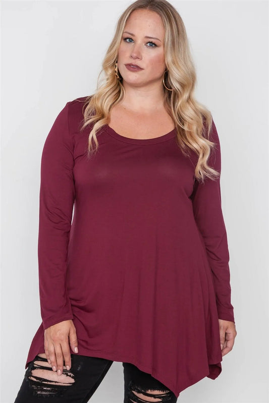 Plus Size Wine Long Sleeve Basic Top - Tasha Apparel Wholesale