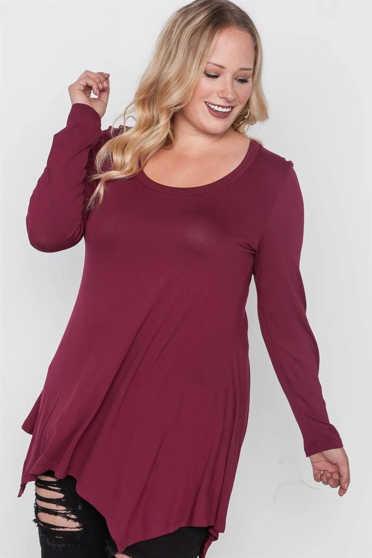 Plus Size Wine Long Sleeve Basic Top - Tasha Apparel Wholesale