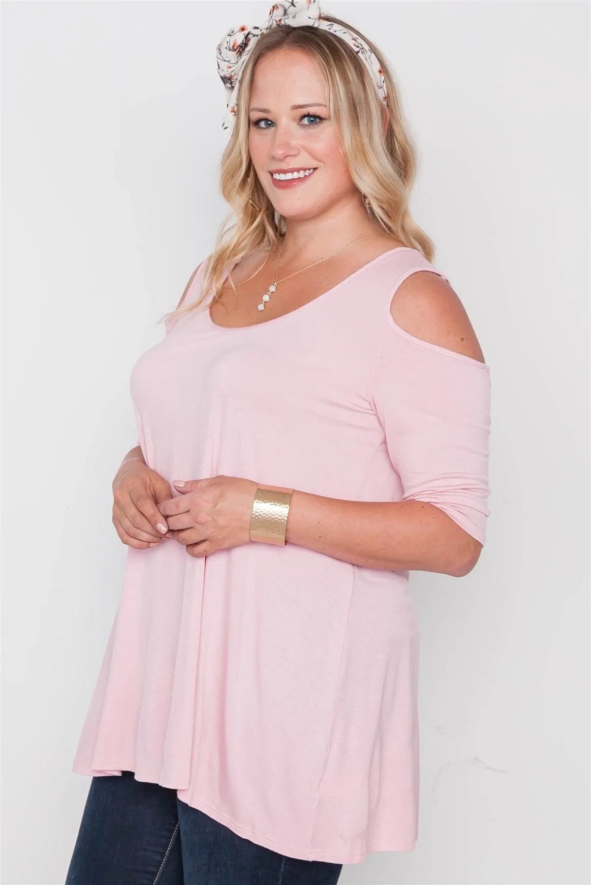 Plus Size Blush Cold Shoulder Basic Tunic Top - Tasha Apparel Wholesale