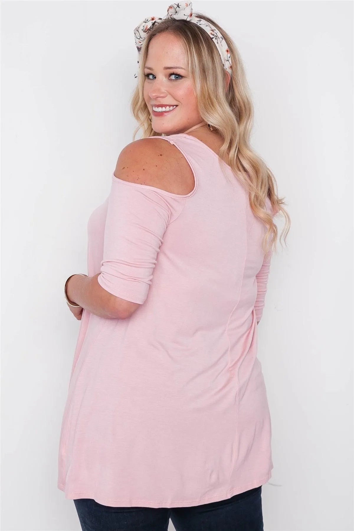 Plus Size Blush Cold Shoulder Basic Tunic Top - Tasha Apparel Wholesale