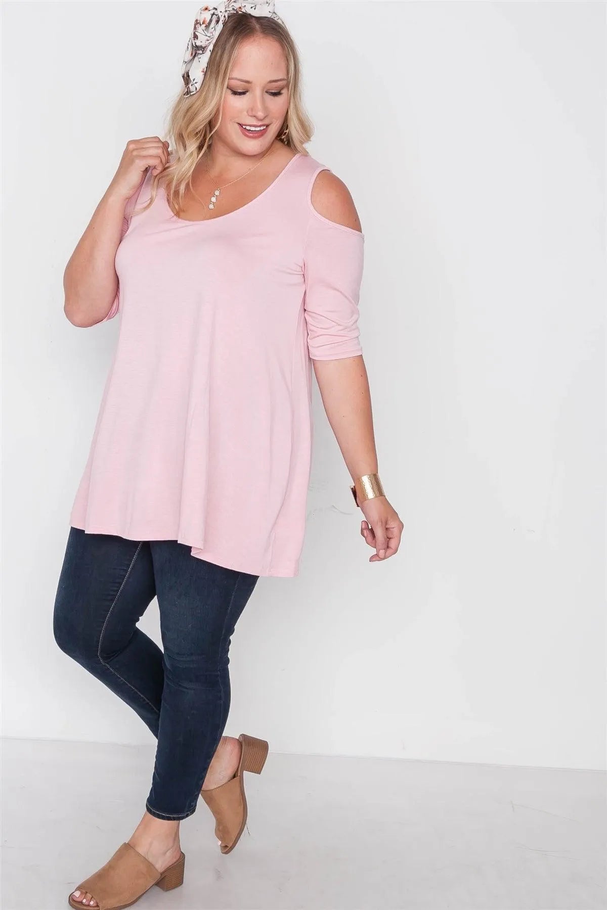 Plus Size Blush Cold Shoulder Basic Tunic Top - Tasha Apparel Wholesale