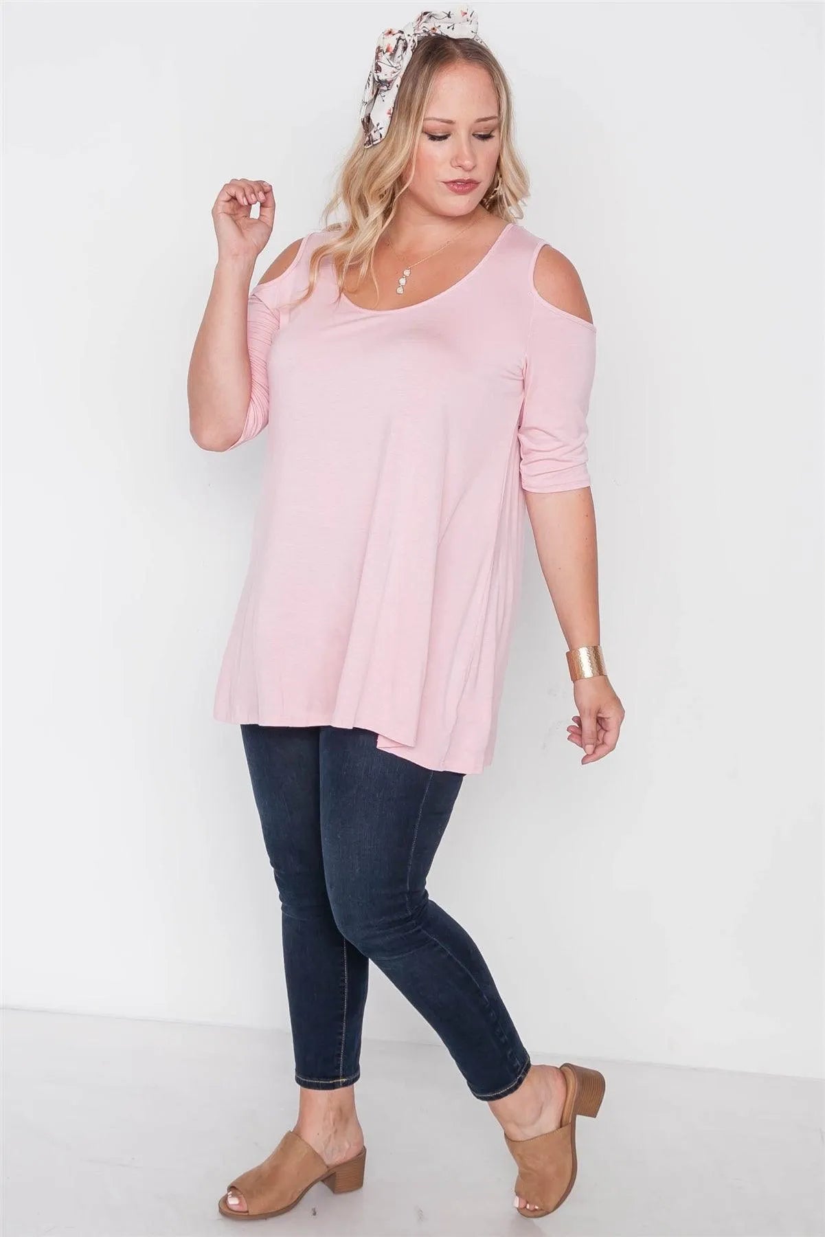 Plus Size Blush Cold Shoulder Basic Tunic Top - Tasha Apparel Wholesale