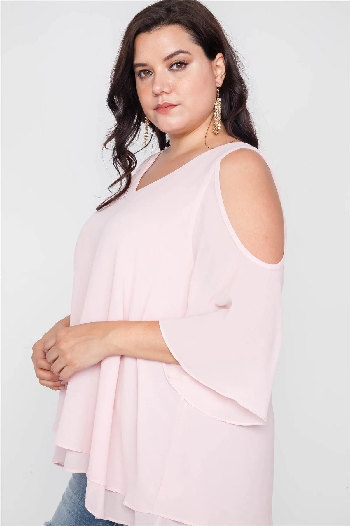 Plus Size Blush Cold Shoulder Chiffon Top /2-2-2 - Tasha Apparel Wholesale