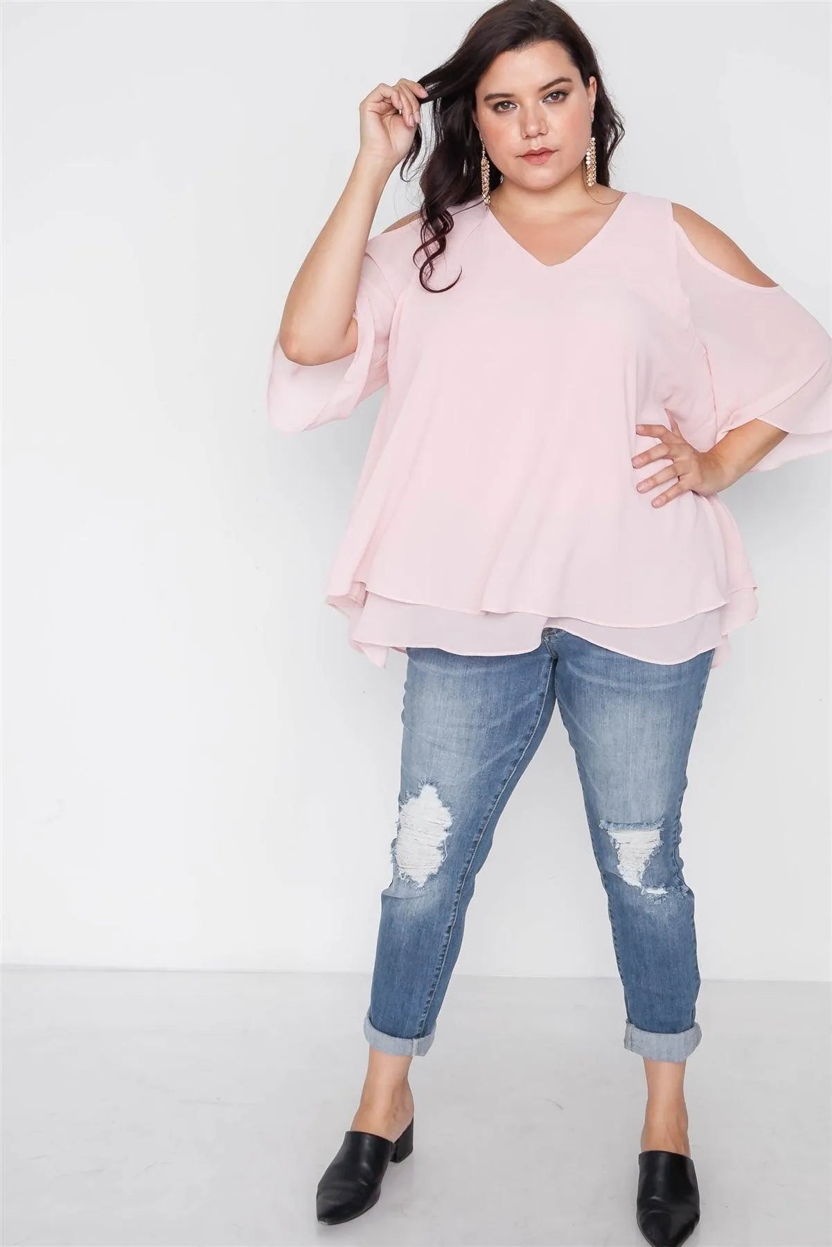 Plus Size Blush Cold Shoulder Chiffon Top /2-2-2 - Tasha Apparel Wholesale