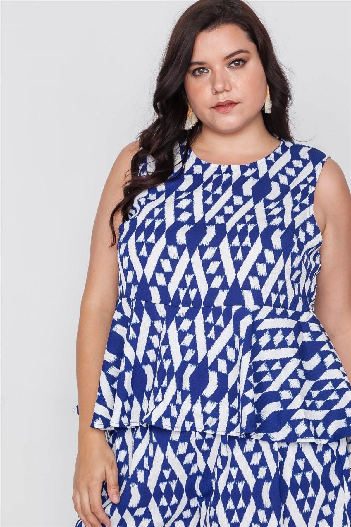Plus Size Off White Blue Sleeveless Tribal Print Top /2-3-1 - Tasha Apparel Wholesale