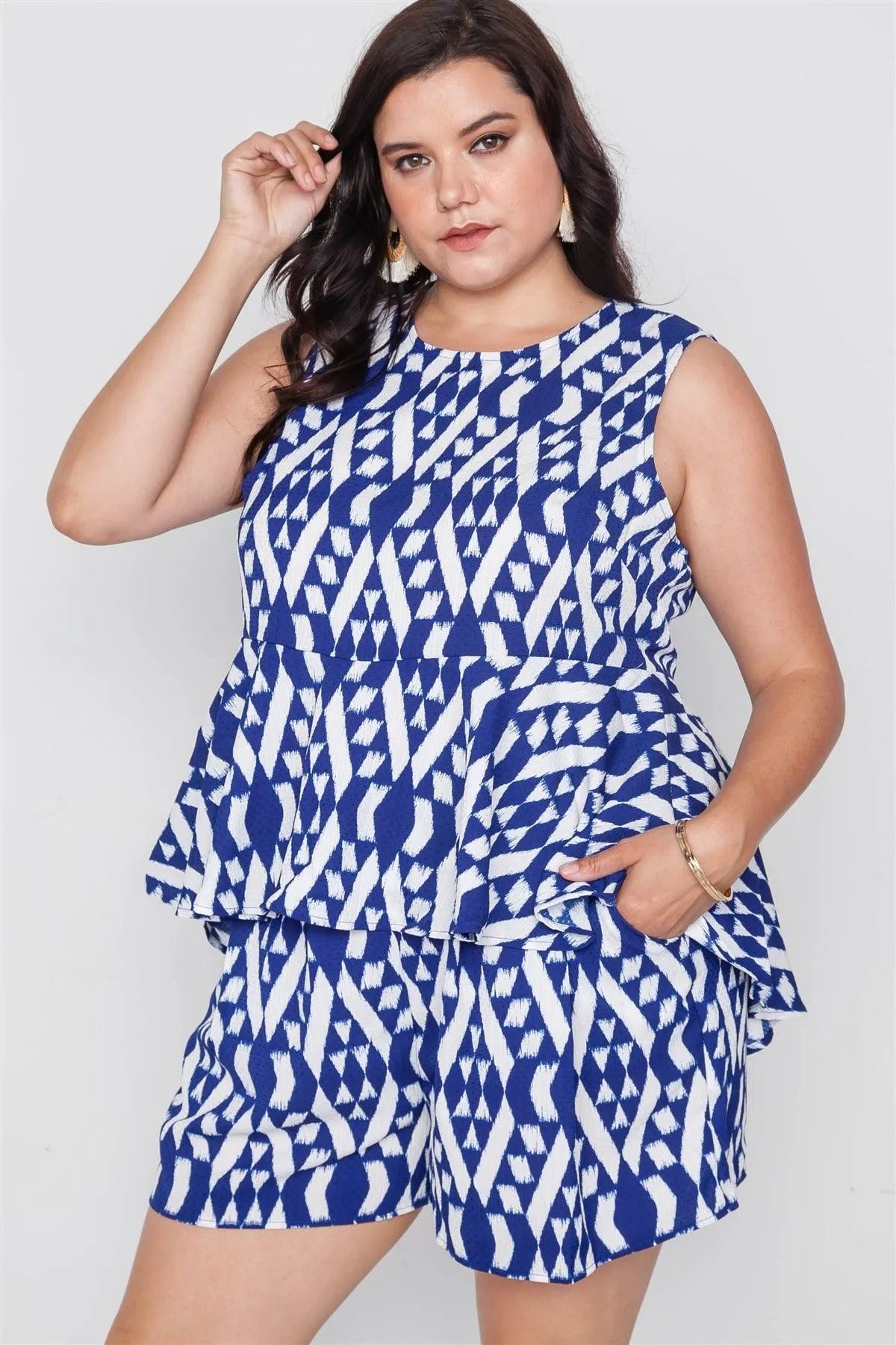 Plus Size Off White Blue Sleeveless Tribal Print Top /2-3-1 - Tasha Apparel Wholesale