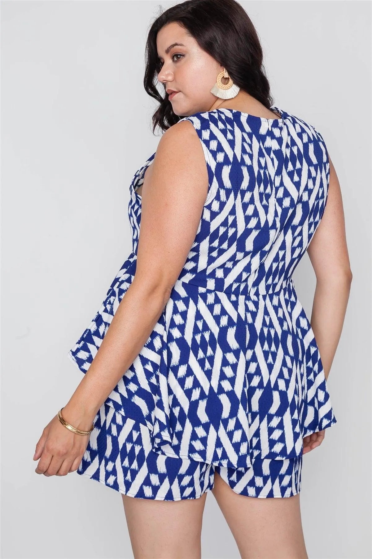 Plus Size Off White Blue Sleeveless Tribal Print Top /2-3-1 - Tasha Apparel Wholesale