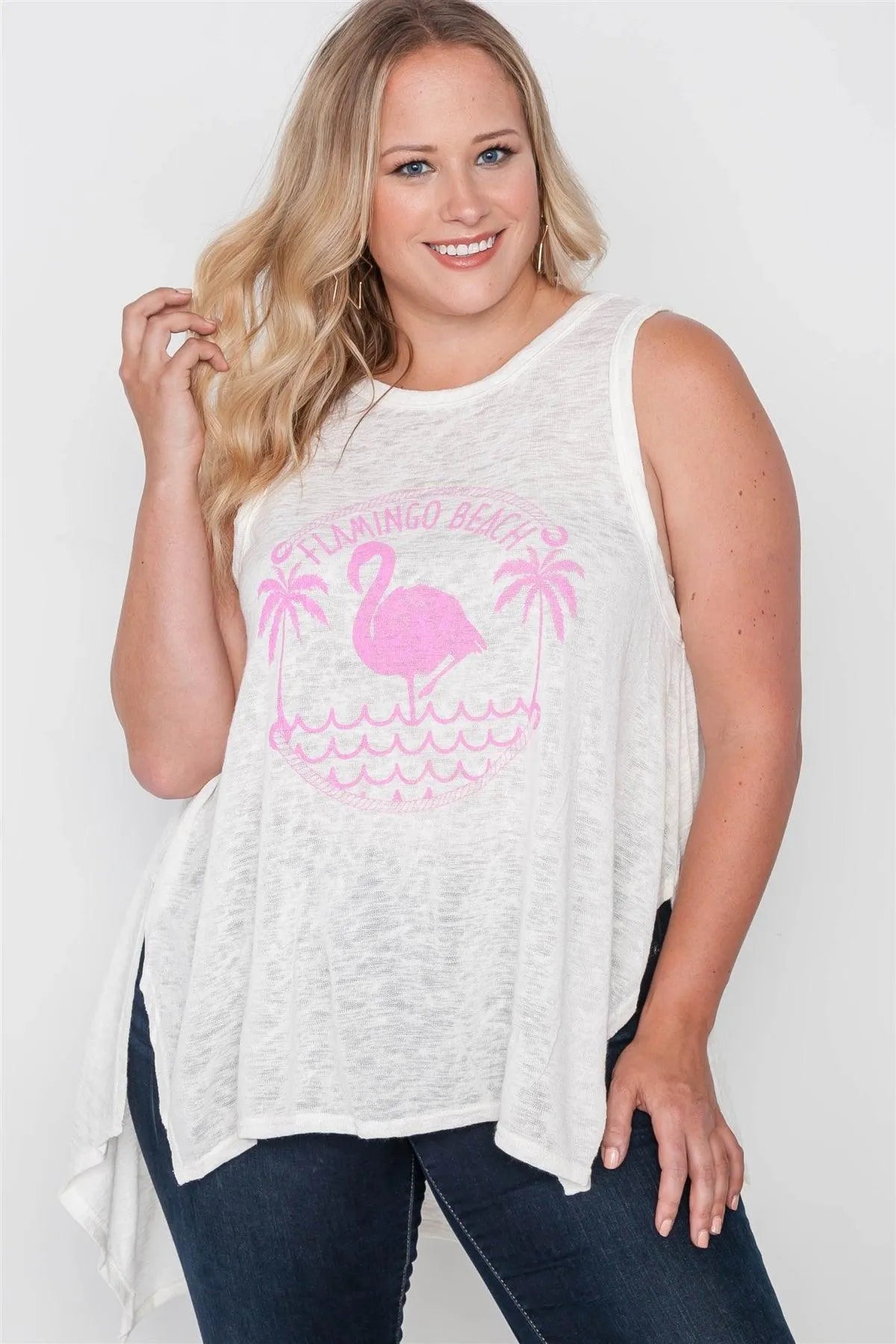 Plus Size Off White Knit Graphic Tank Top /2-2-2 - Tasha Apparel Wholesale