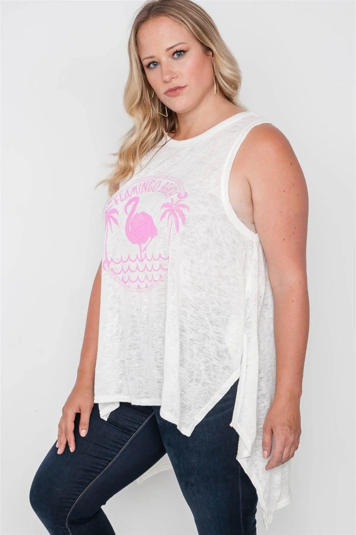 Plus Size Off White Knit Graphic Tank Top /2-2-2 - Tasha Apparel Wholesale