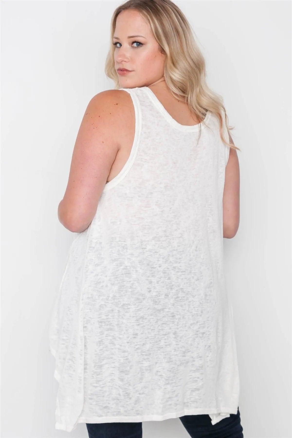 Plus Size Off White Knit Graphic Tank Top /2-2-2 - Tasha Apparel Wholesale