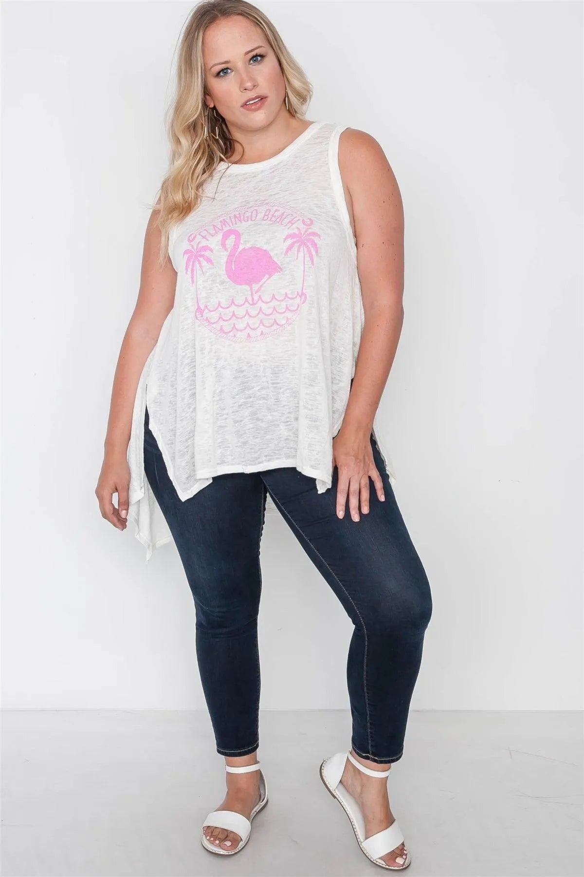 Plus Size Off White Knit Graphic Tank Top /2-2-2 - Tasha Apparel Wholesale
