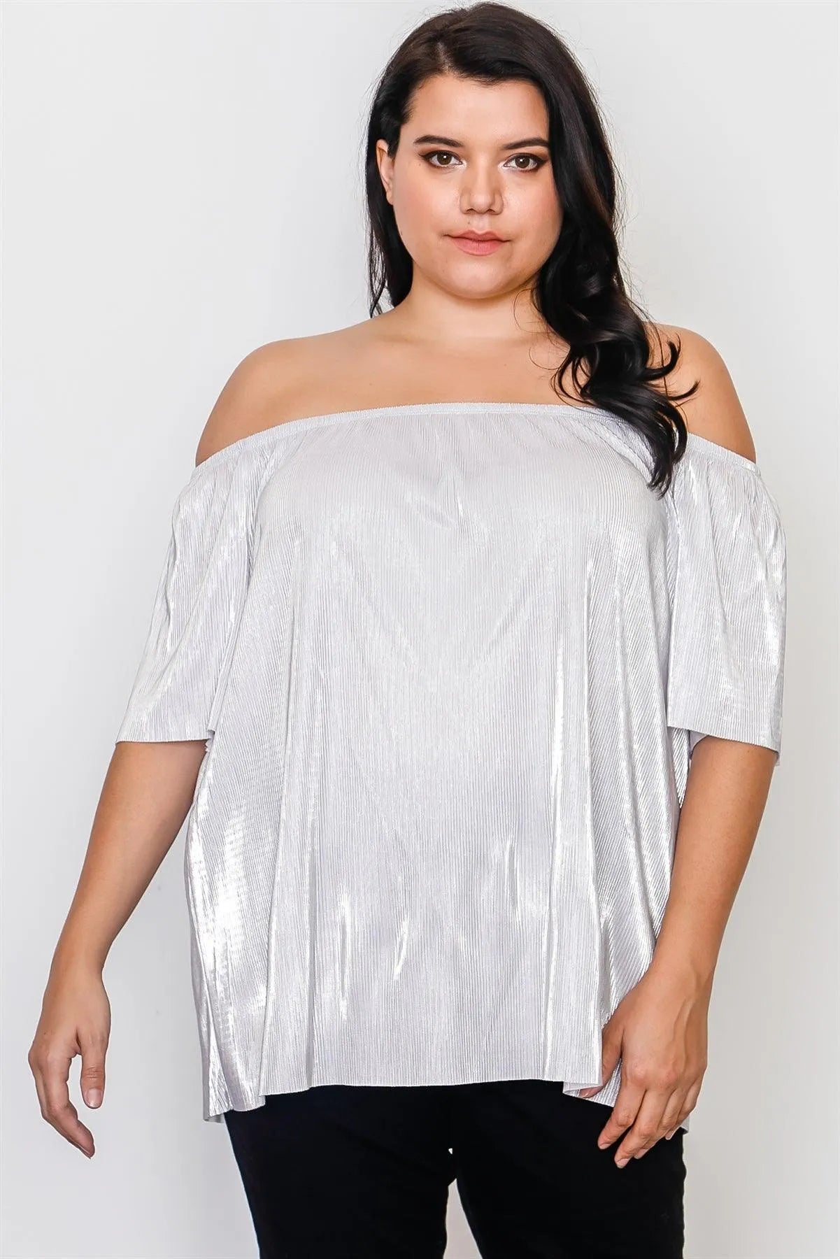 Plus Size Silver Off The Shoulder Pleated Top /2-2-2