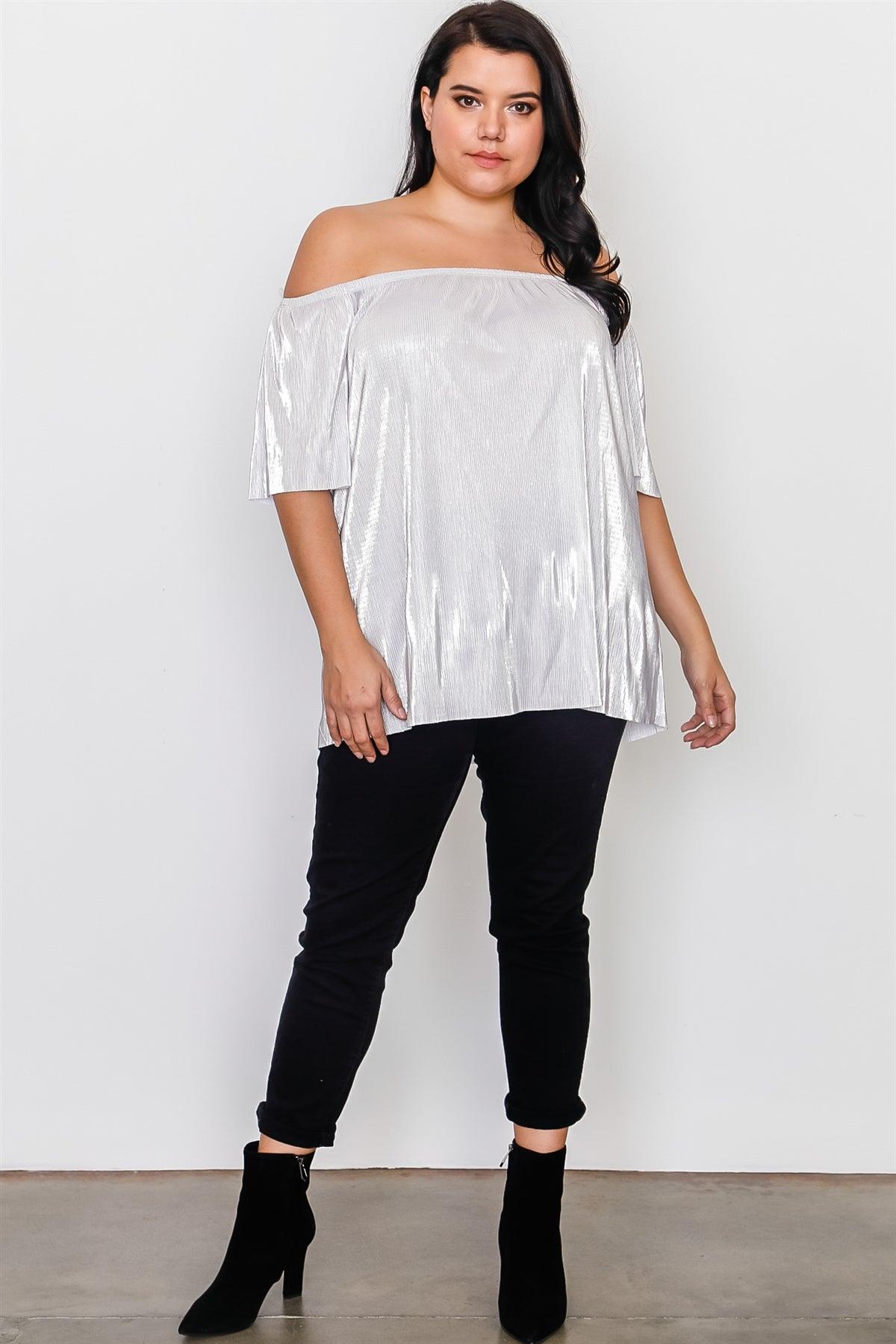 Plus Size Silver Off The Shoulder Pleated Top /2-2-2