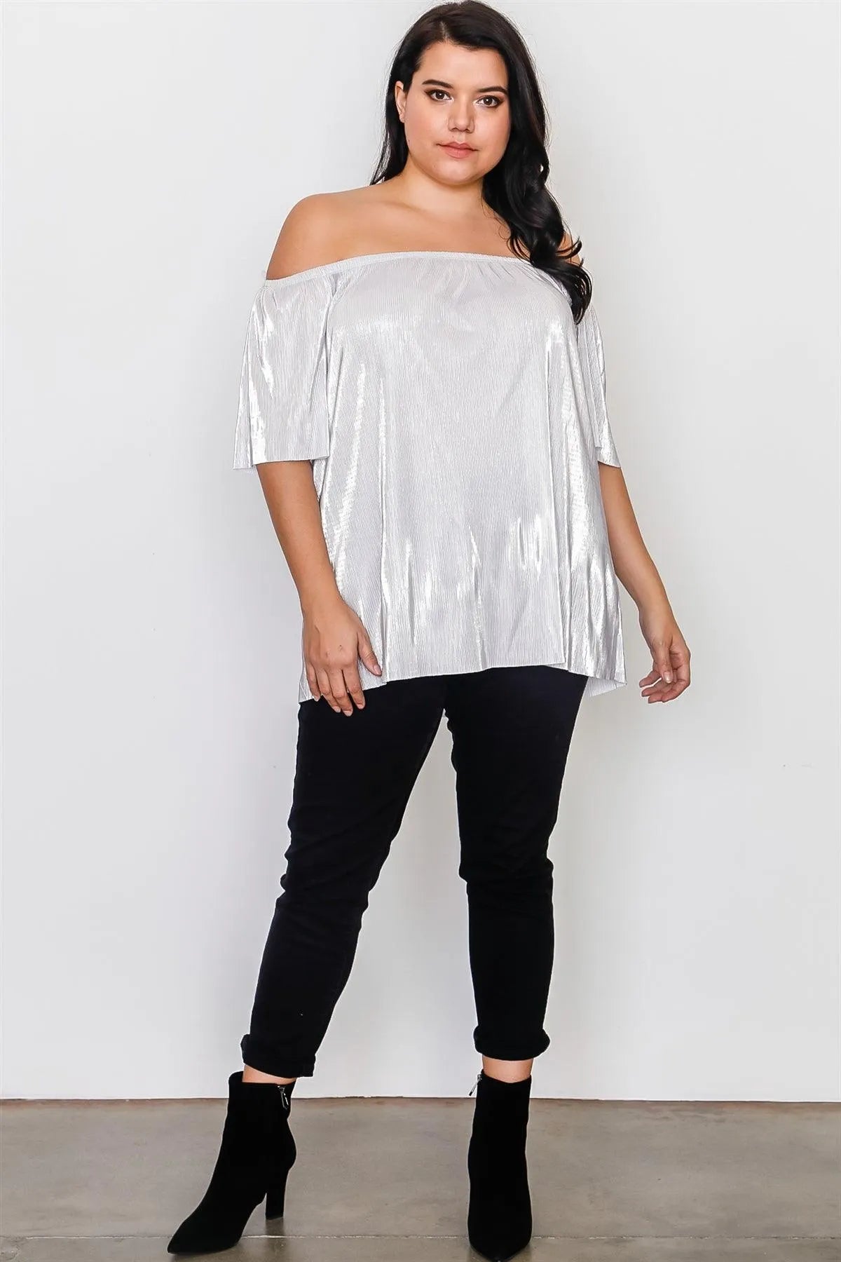 Plus Size Silver Off The Shoulder Pleated Top /2-2-2 - Tasha Apparel Wholesale