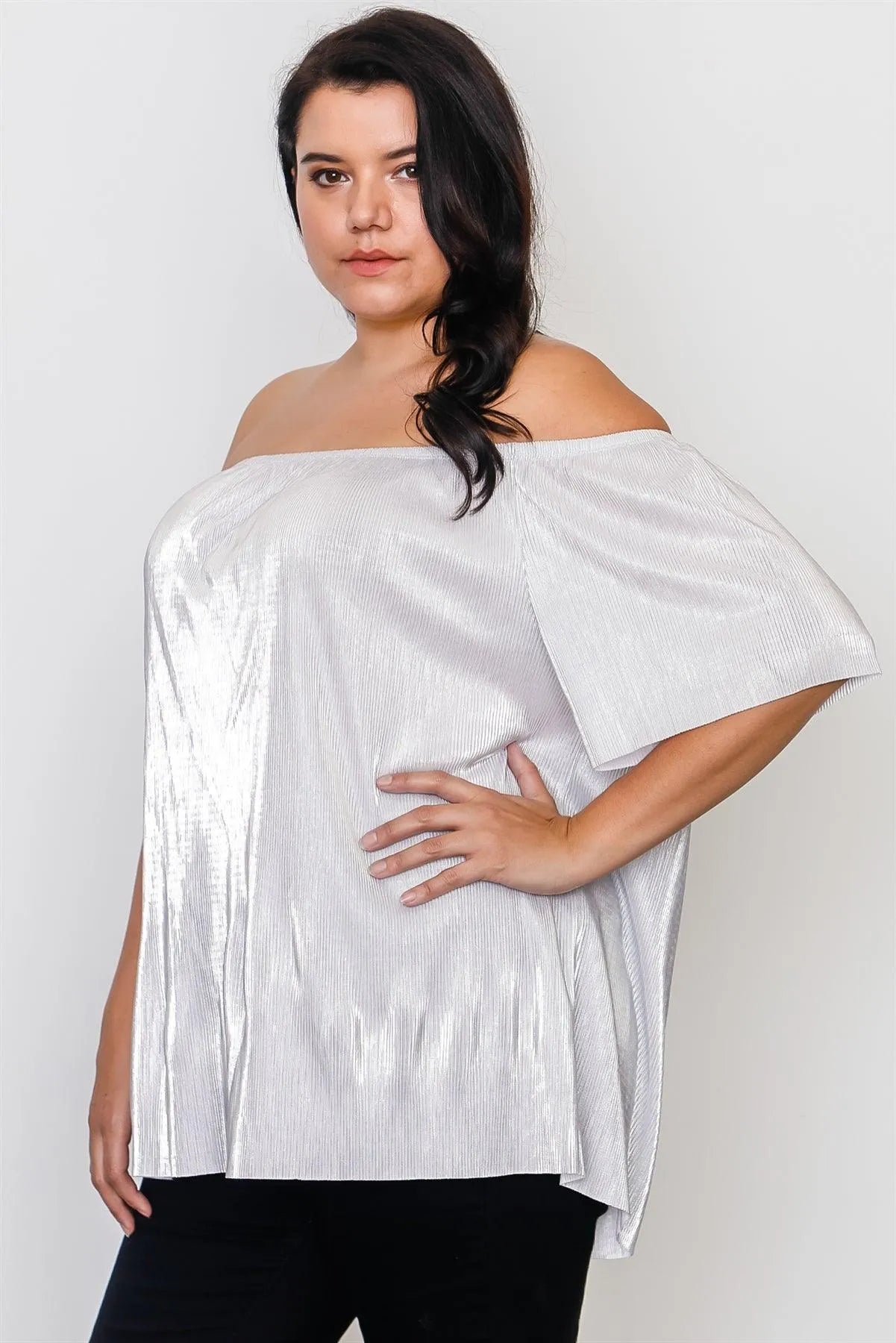 Plus Size Silver Off The Shoulder Pleated Top /2-2-2 - Tasha Apparel Wholesale