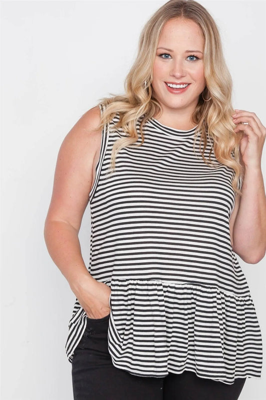 Plus Size Stripe Black Cream Sleeveless Knit Top - Tasha Apparel Wholesale