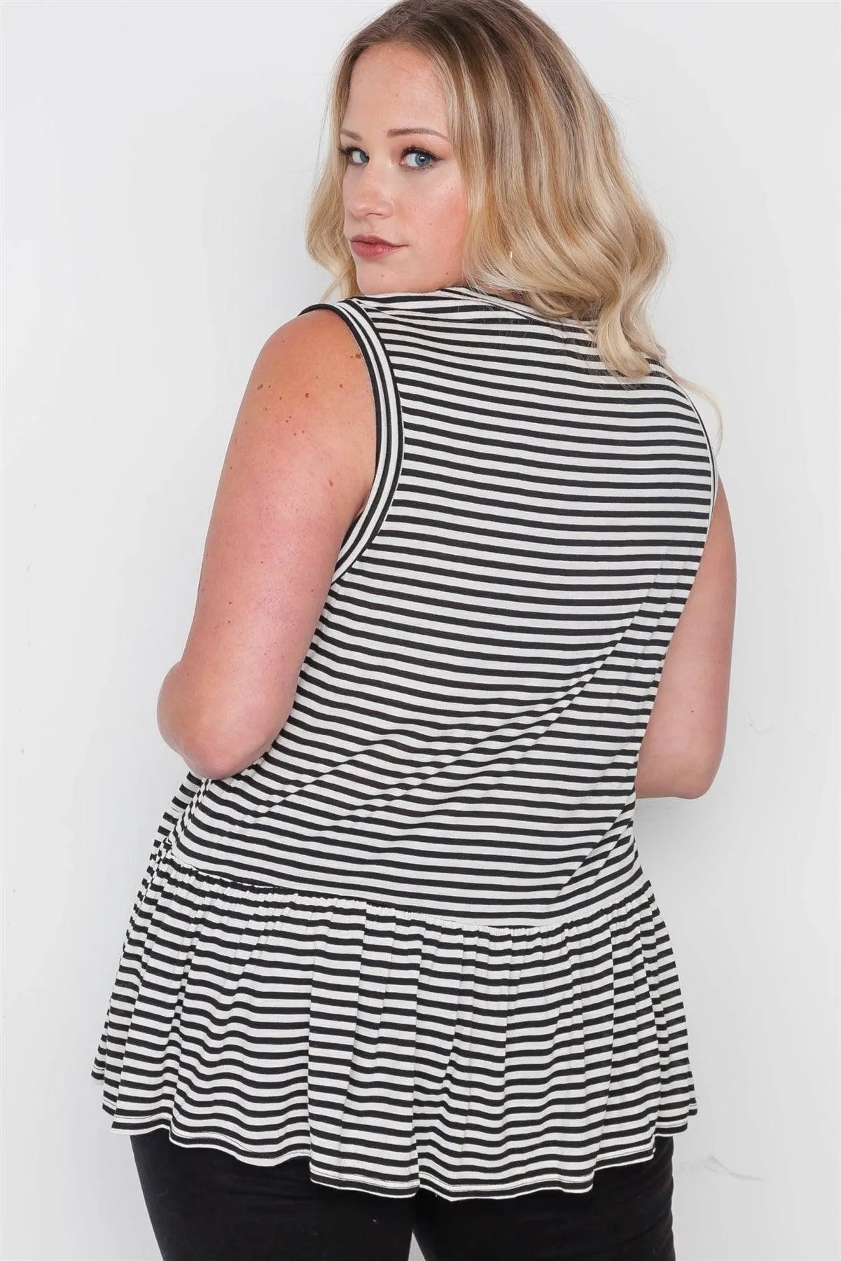 Plus Size Stripe Black Cream Sleeveless Knit Top /2-2-2 - Tasha Apparel Wholesale