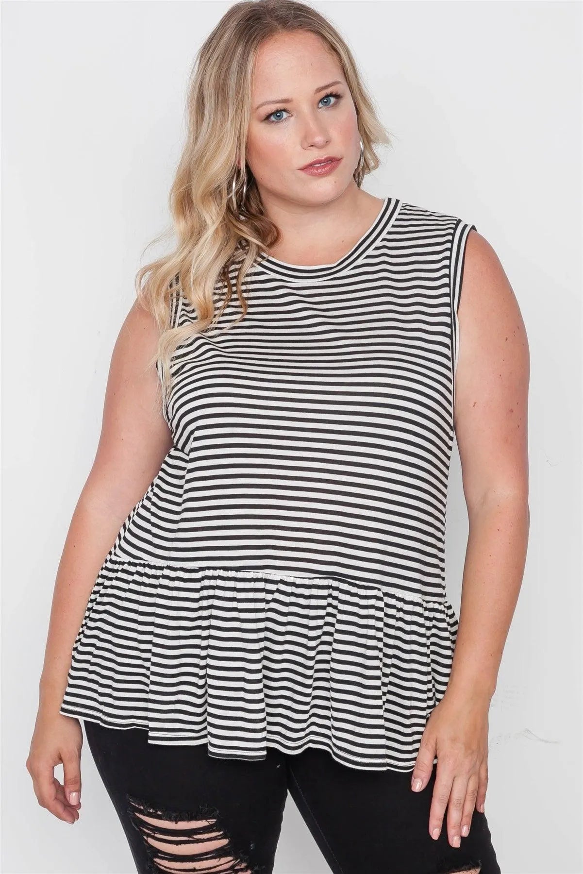 Plus Size Stripe Black Cream Sleeveless Knit Top /2-2-2 - Tasha Apparel Wholesale