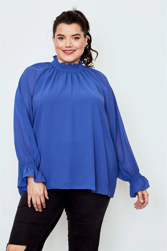 Plus Size Blue Violet High Neck Ruffle Long Sleeve Top /2-2-2 - Tasha Apparel Wholesale