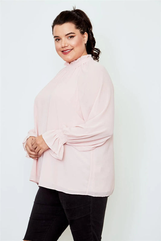 Plus Size Blush High Neck Ruffle Long Sleeve Top /2-1-2 - Tasha Apparel Wholesale