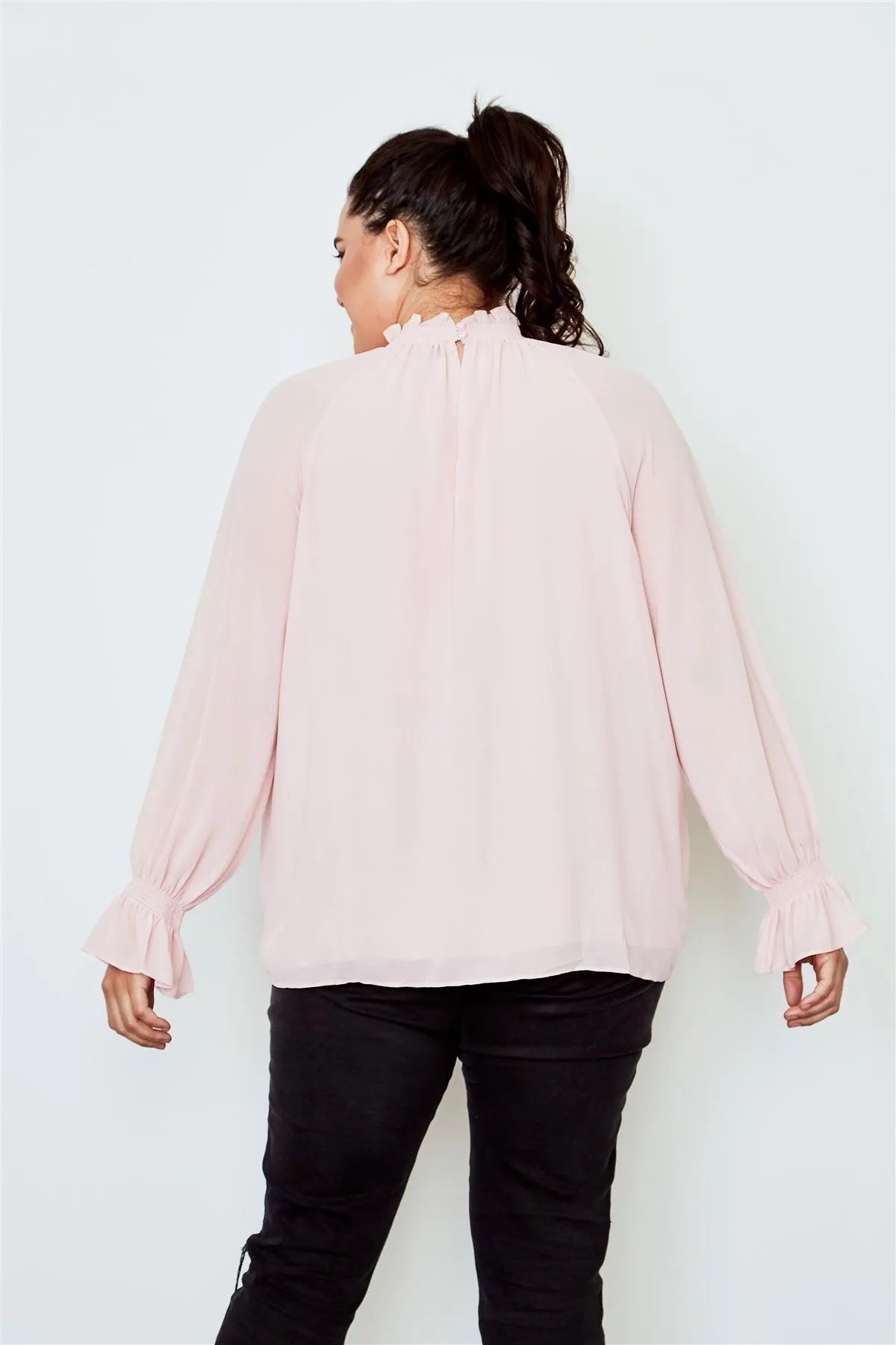 Plus Size Blush High Neck Ruffle Long Sleeve Top /2-1-2 - Tasha Apparel Wholesale