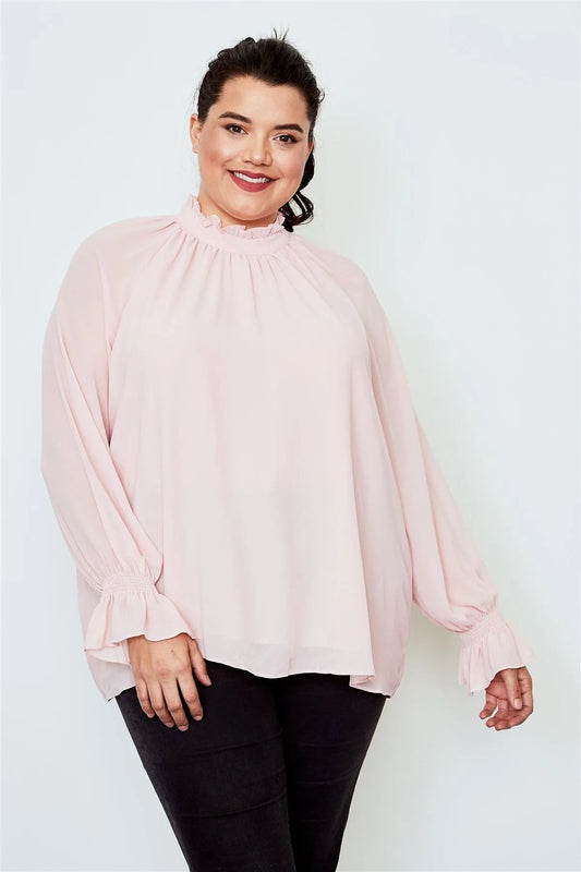 Plus Size Blush High Neck Ruffle Long Sleeve Top /2-2-2 - Tasha Apparel Wholesale