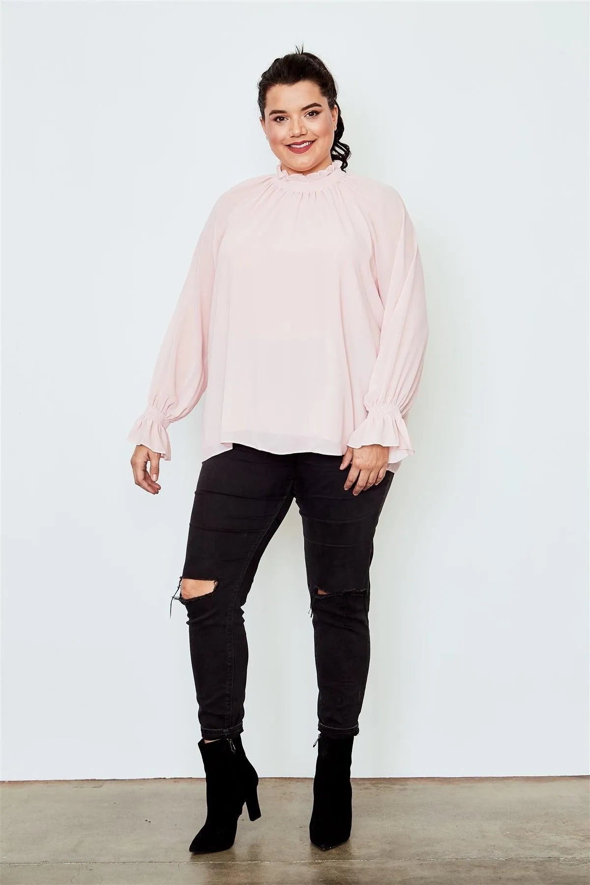 Plus Size Blush High Neck Ruffle Long Sleeve Top /2-2-2 - Tasha Apparel Wholesale
