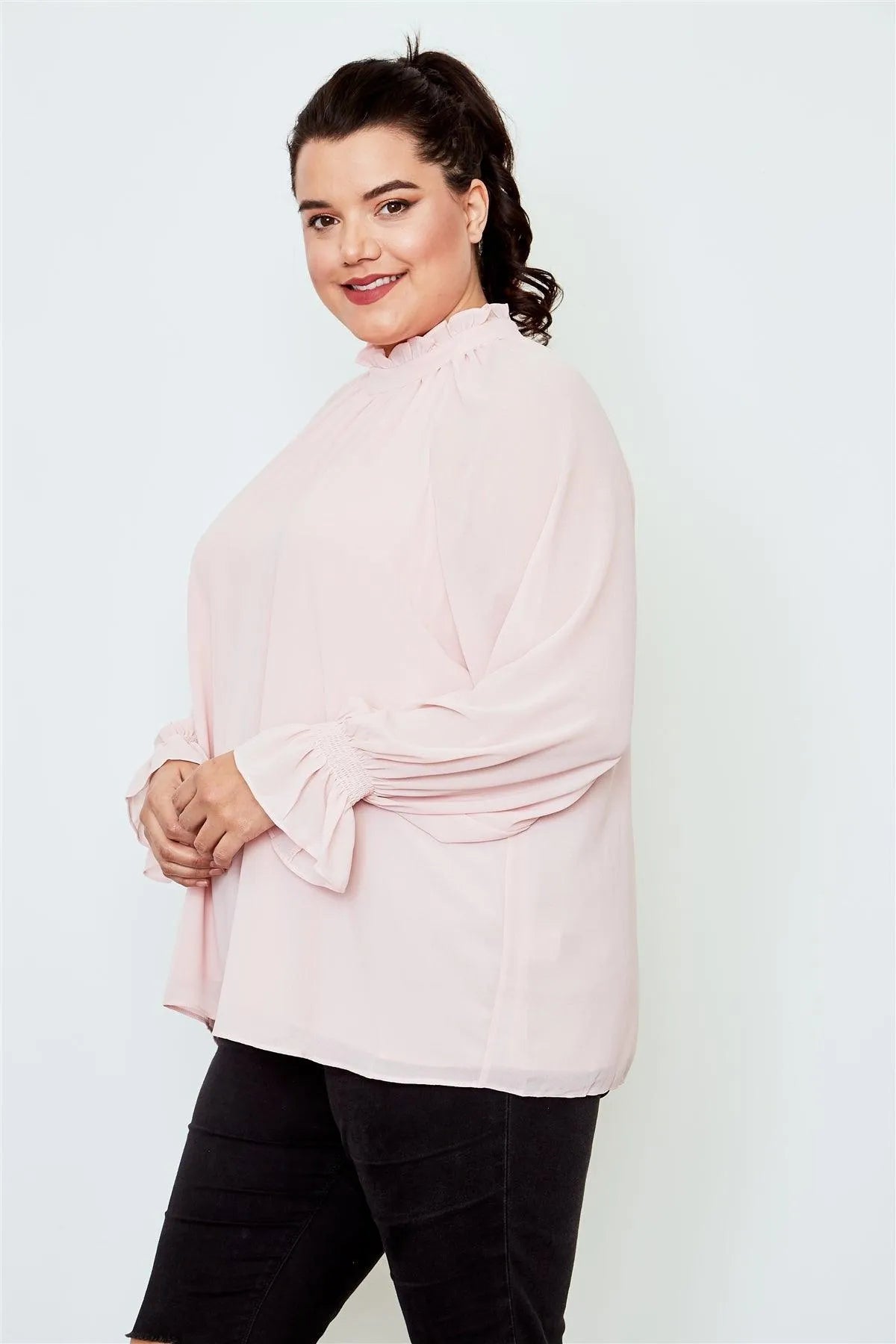 Plus Size Blush High Neck Ruffle Long Sleeve Top /2-2-2 - Tasha Apparel Wholesale