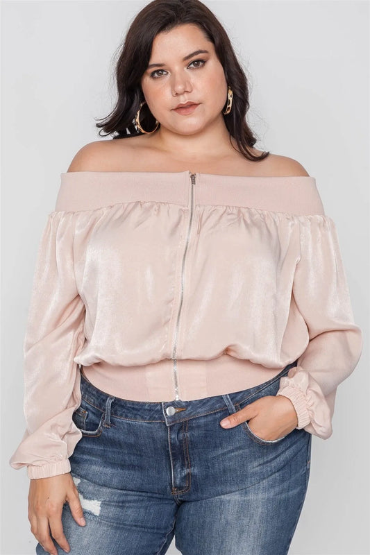 Plus Size Blush Off-The-Shoulder Light Bomber Jacket - Tasha Apparel Wholesale