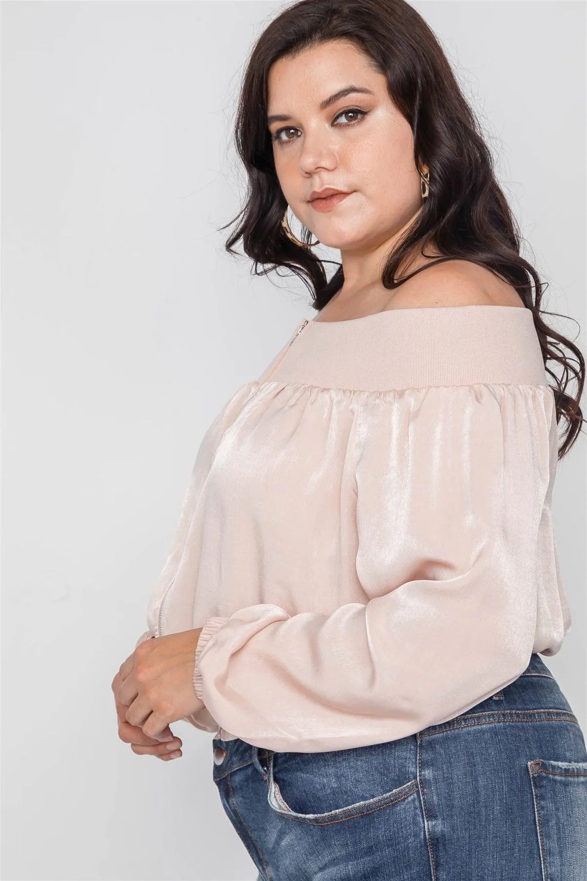 Plus Size Blush Off-The-Shoulder Light Bomber Jacket /2-2-2 - Tasha Apparel Wholesale